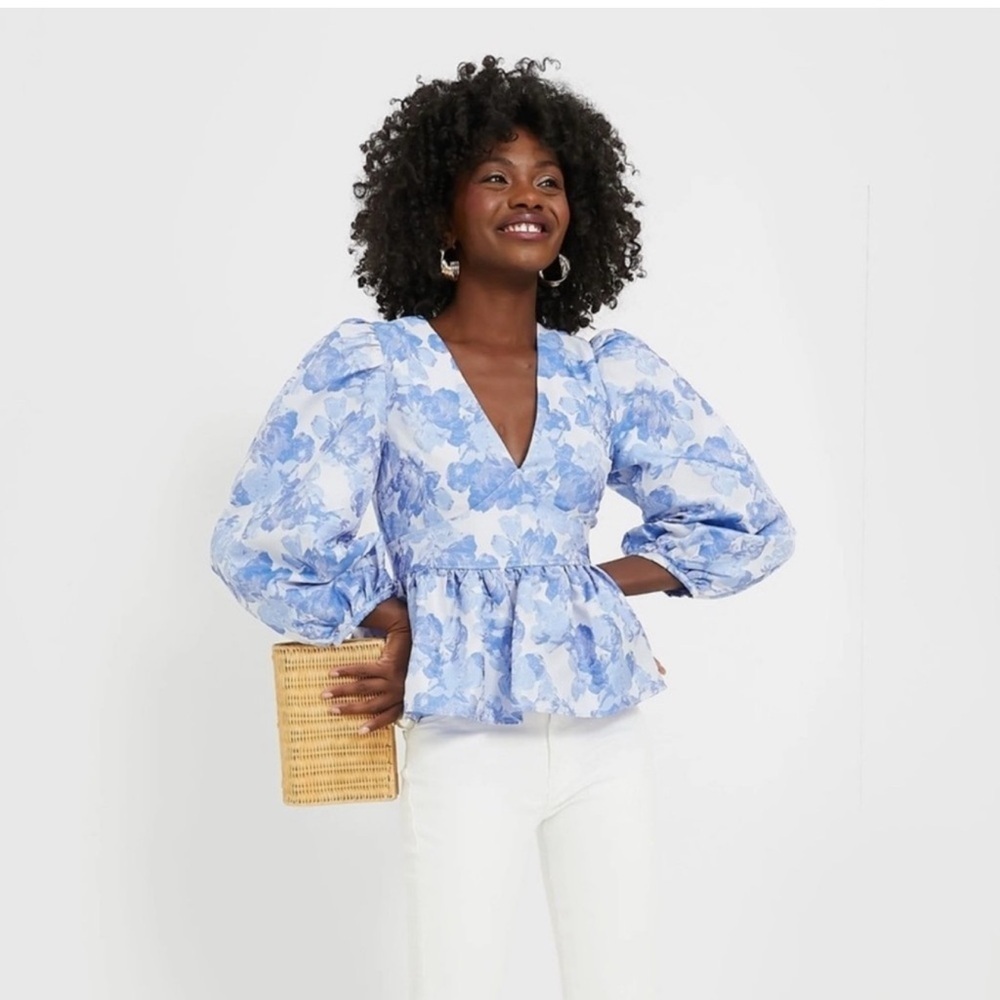 Hyacinth house Eleanor Blue Floral Jacquard Peplum Puff Sleeve Preppy Blouse XXS